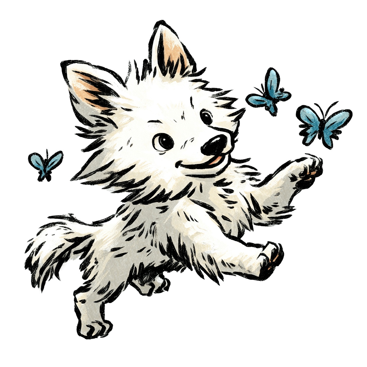 Fluffy white dog with blue butterflies in playful interaction, sketch style.