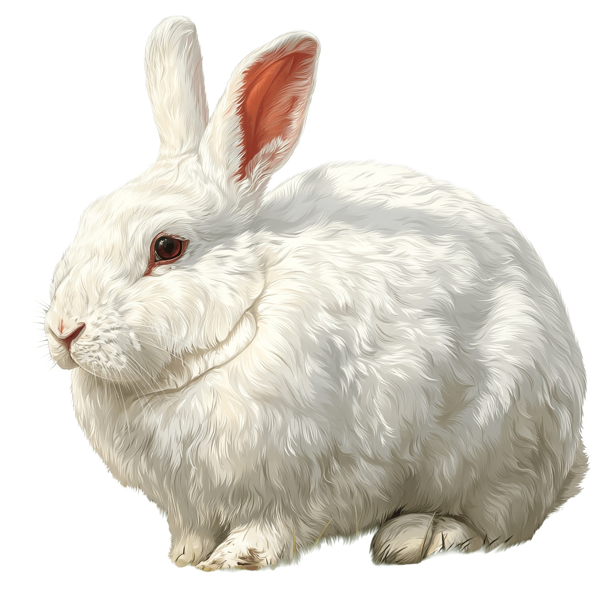 Fluffy white rabbit with ears upright