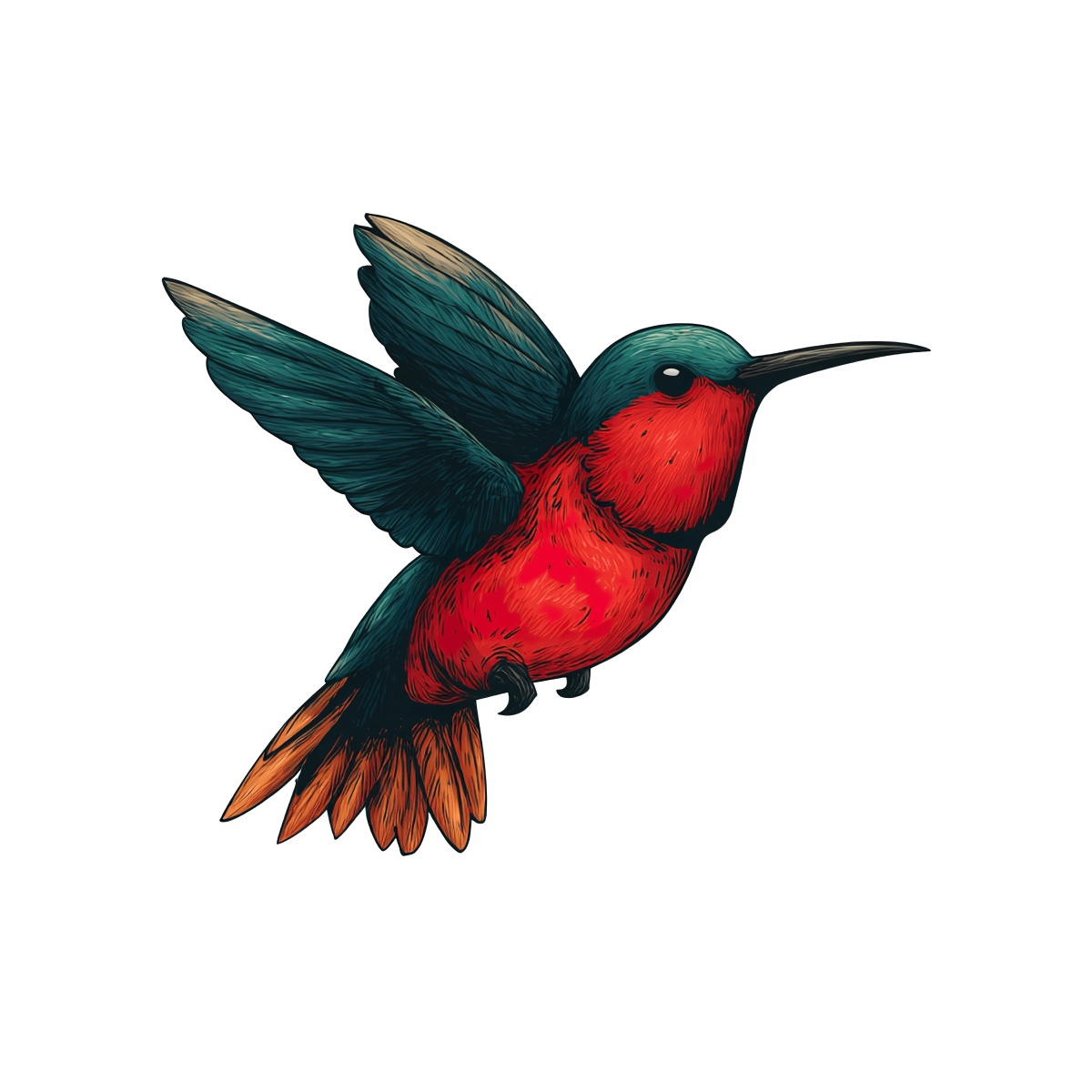 Hummingbird illustration with red and teal feathers in flight.