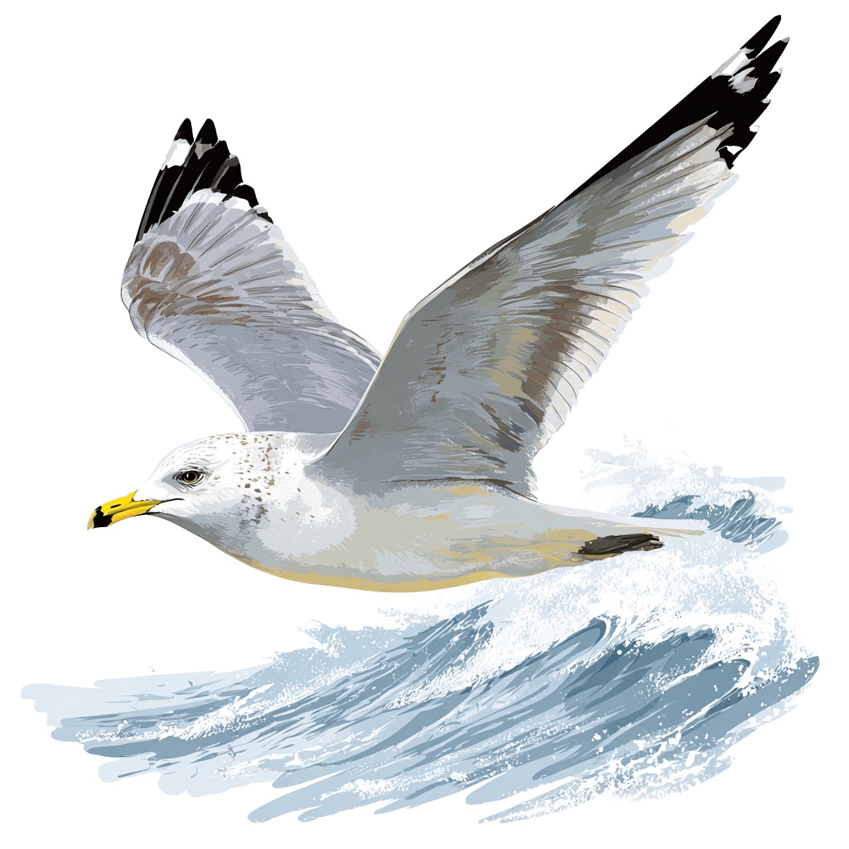 Seagull flying over ocean waves