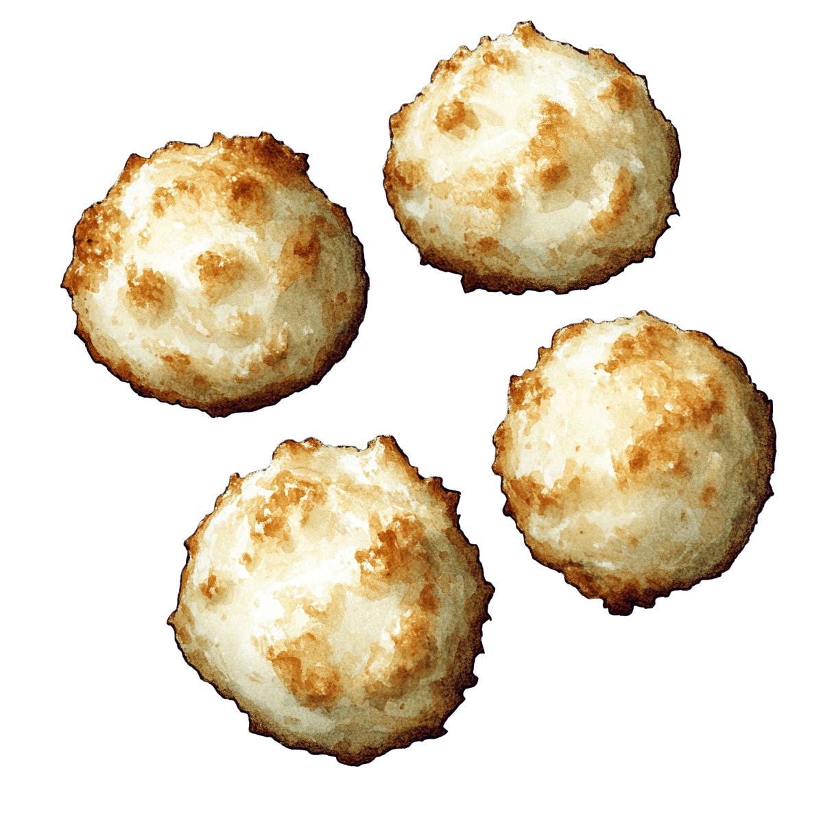 Four golden brown coconut macaroons.