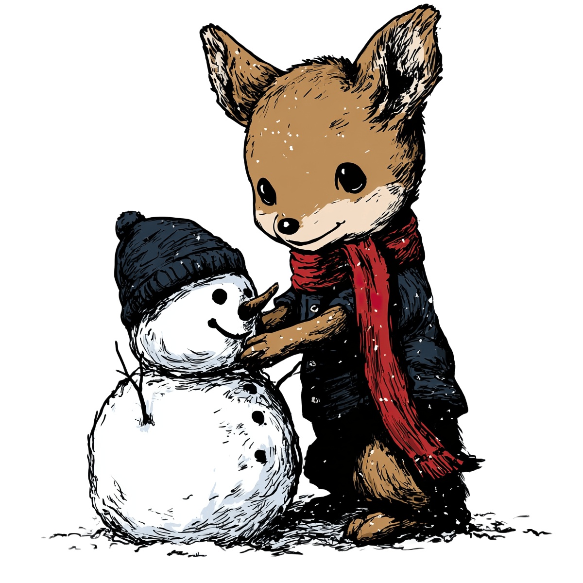 Fox wearing winter clothing interacting with a small snowman.