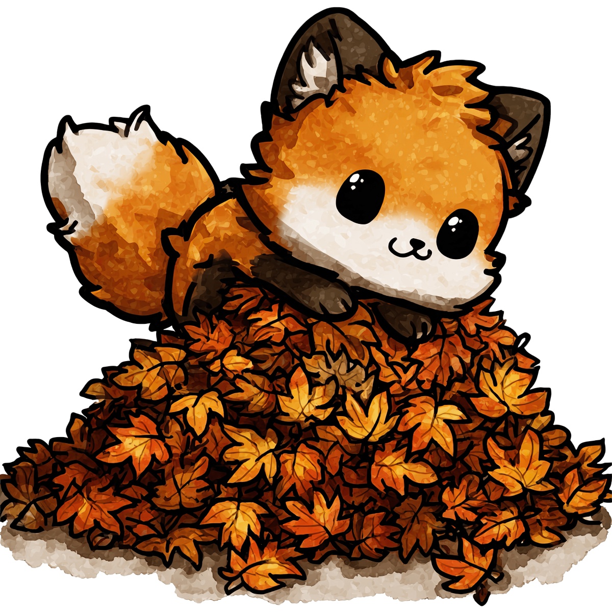 Cartoon fox lying on pile of autumn leaves in clipart style.
