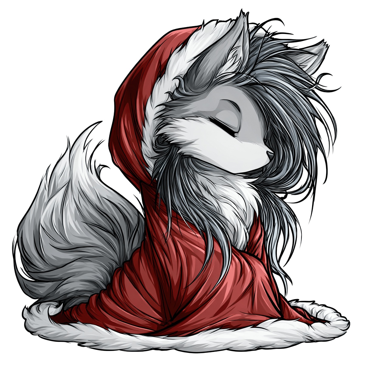 Fox in a red hooded cloak with grey and white fur.