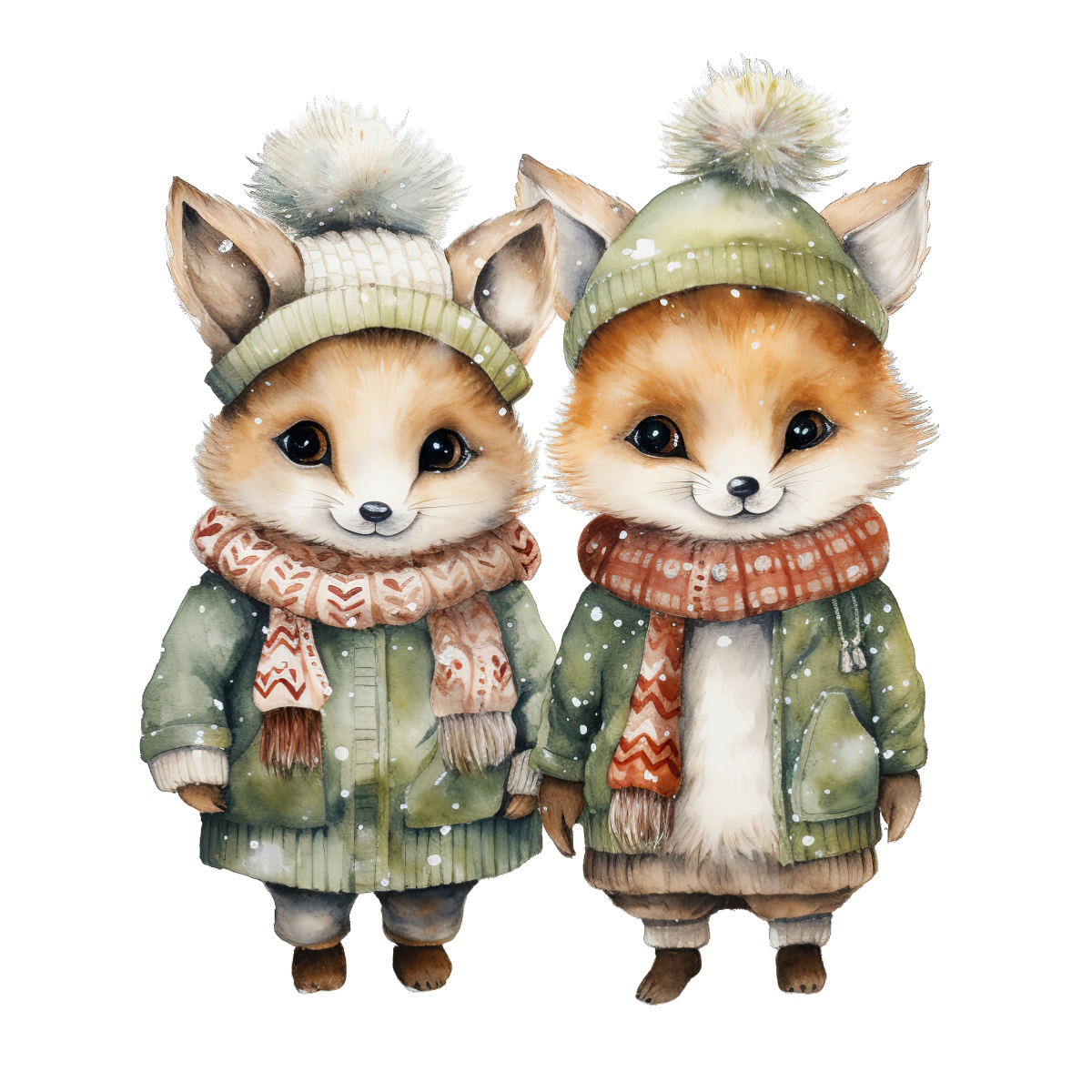 Two foxes in winter outfits with hats and scarves facing forward.