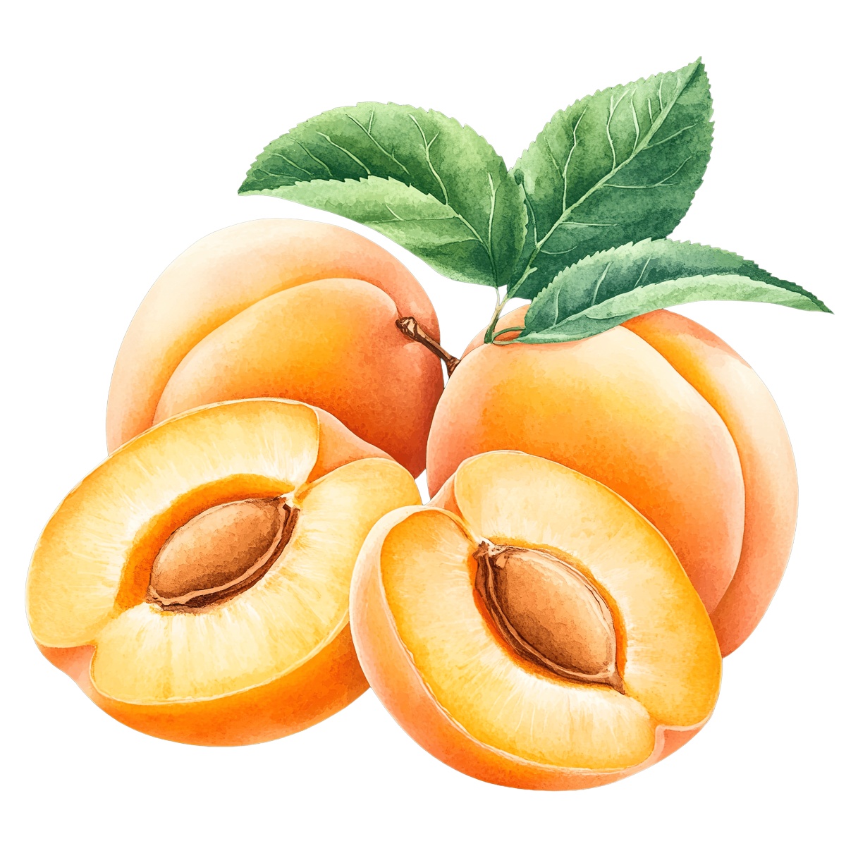 Apricots with green leaves and a halved fruit showing the seed.