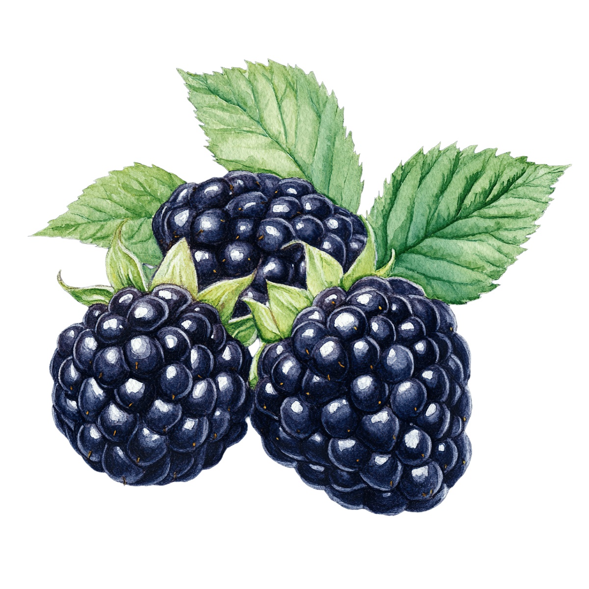 Blackberries with green leaves, detailed clipart.