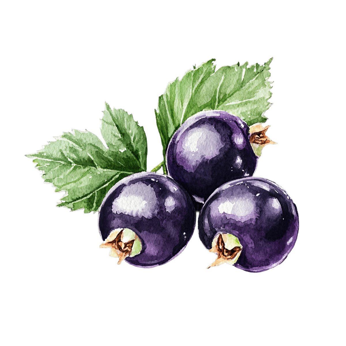 Blackcurrant berries with green leaves.