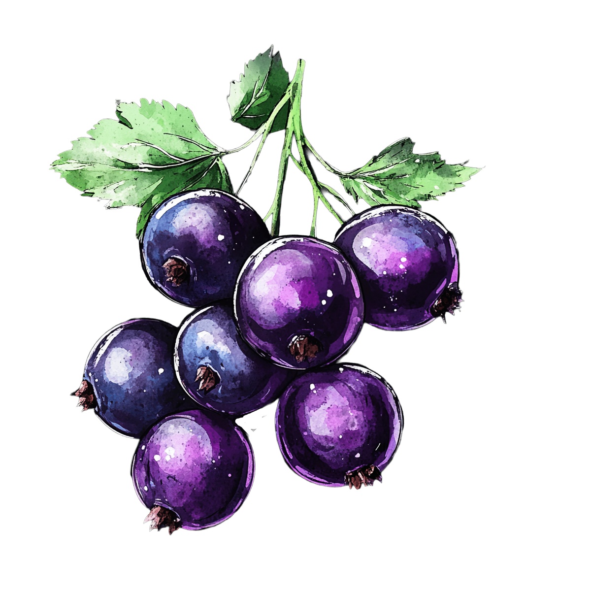 Blackcurrant bunch with green leaves.