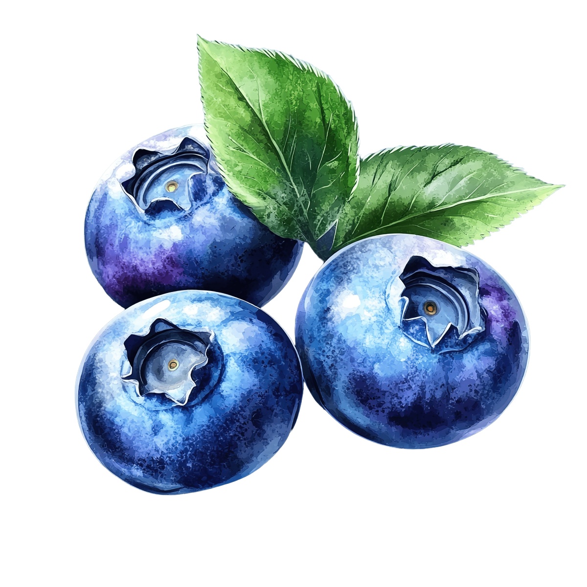 Three ripe blueberries with green leaves.