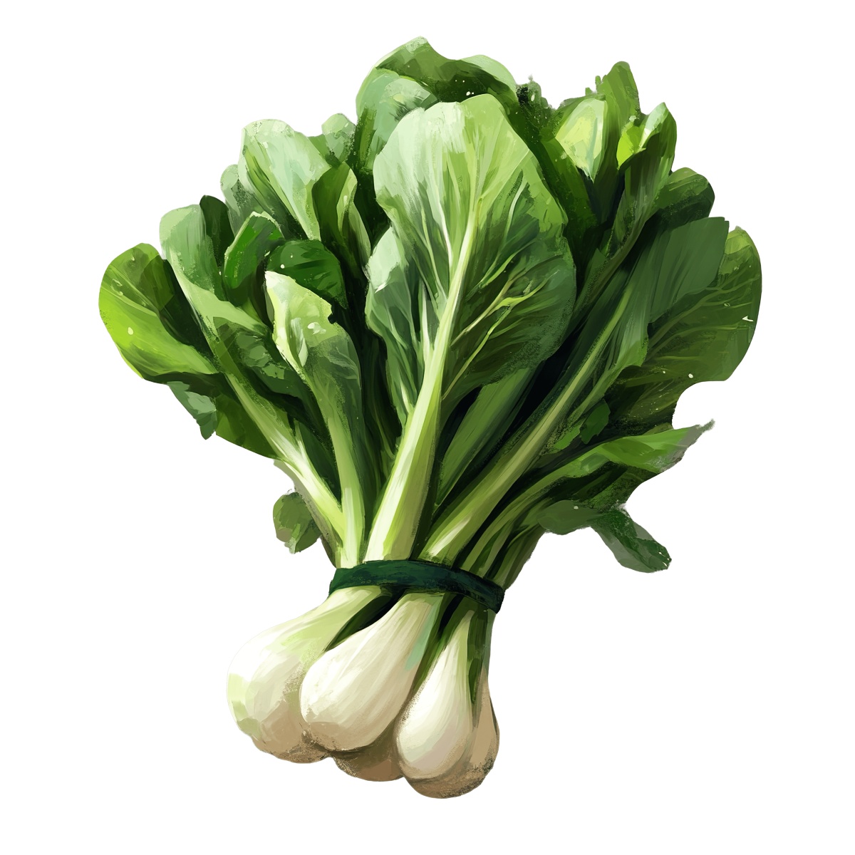 Bok choy bunch with green leaves and white stems.
