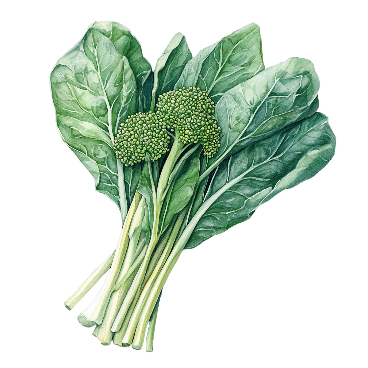 Broccoli rabe with green leaves and stems in detailed clipart style.