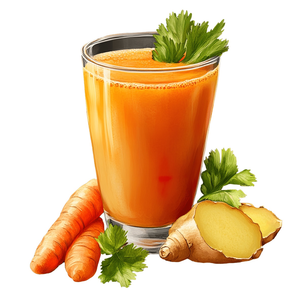Glass of carrot and ginger juice with parsley garnish.