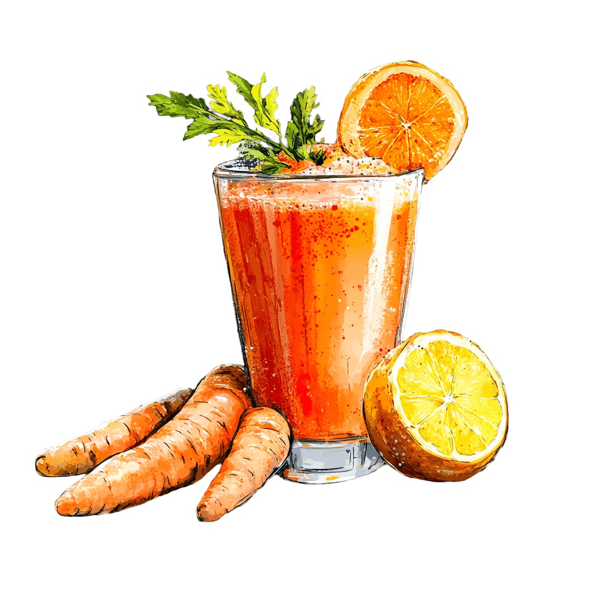 Glass of carrot and orange juice with fresh garnish.