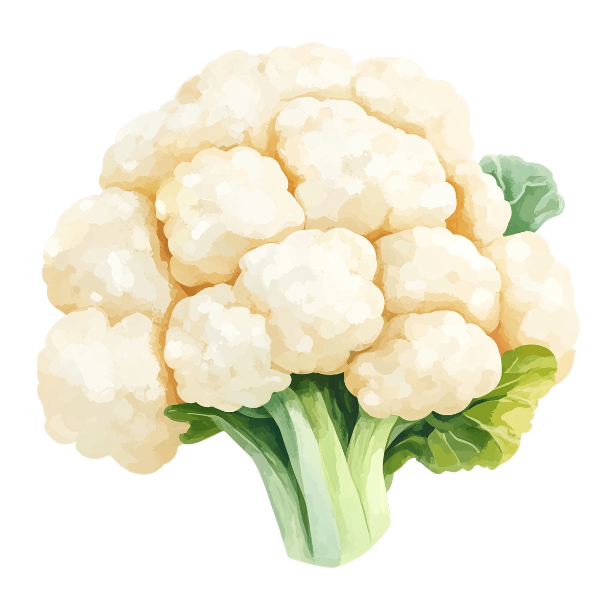 Cauliflower head with green leaves in digital art style.