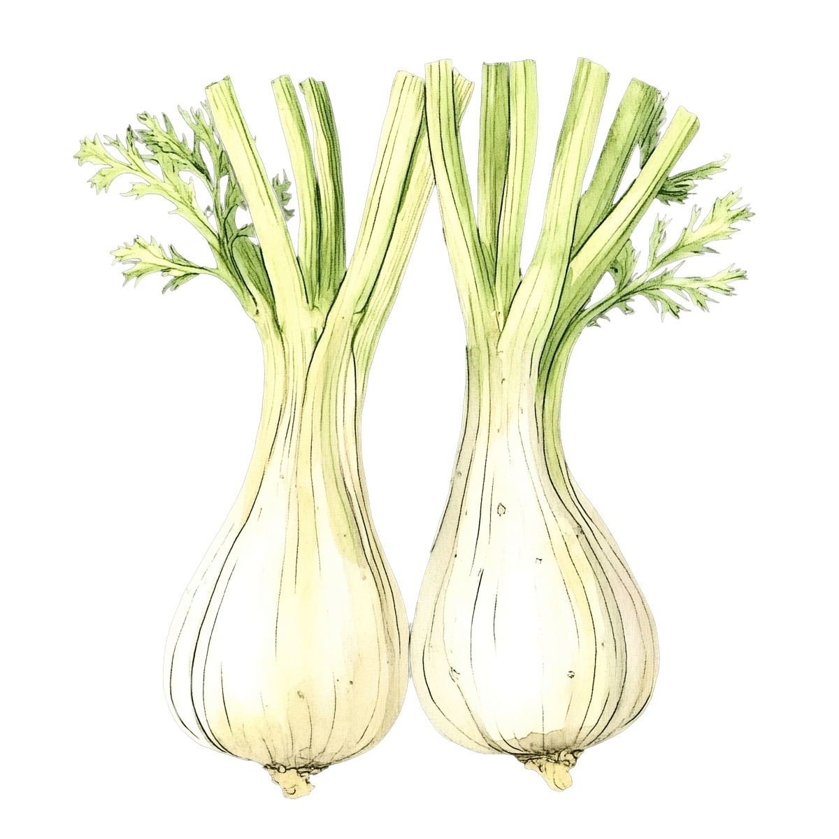 Two fennel bulbs with green stalks.