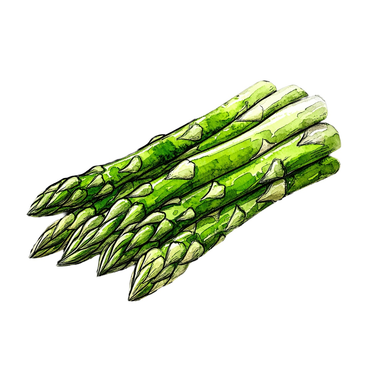 Green asparagus spears illustrated in a detailed clipart style.