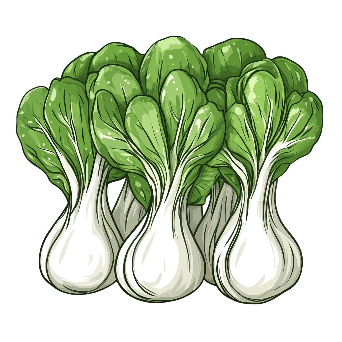 Bok choy vegetable with green leaves and white stems in detailed clipart.