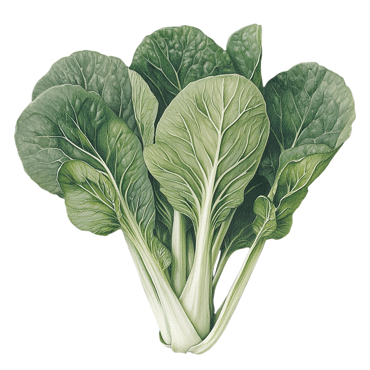 Bok choy vegetable with green leaves and white stalks in detailed clipart.
