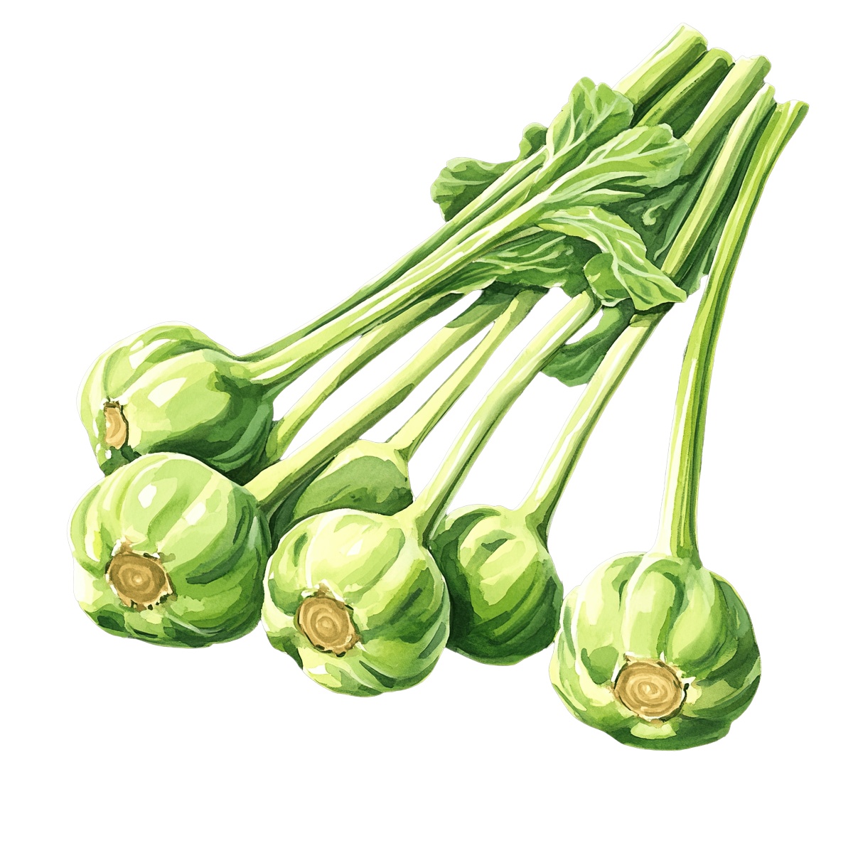 Fresh green kohlrabi with leaves shown in vector art style.