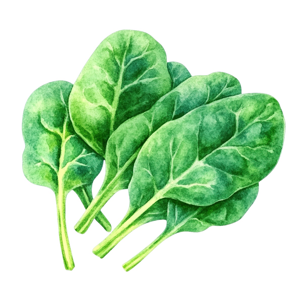 Spinach leaves in watercolor style with vibrant green colors.