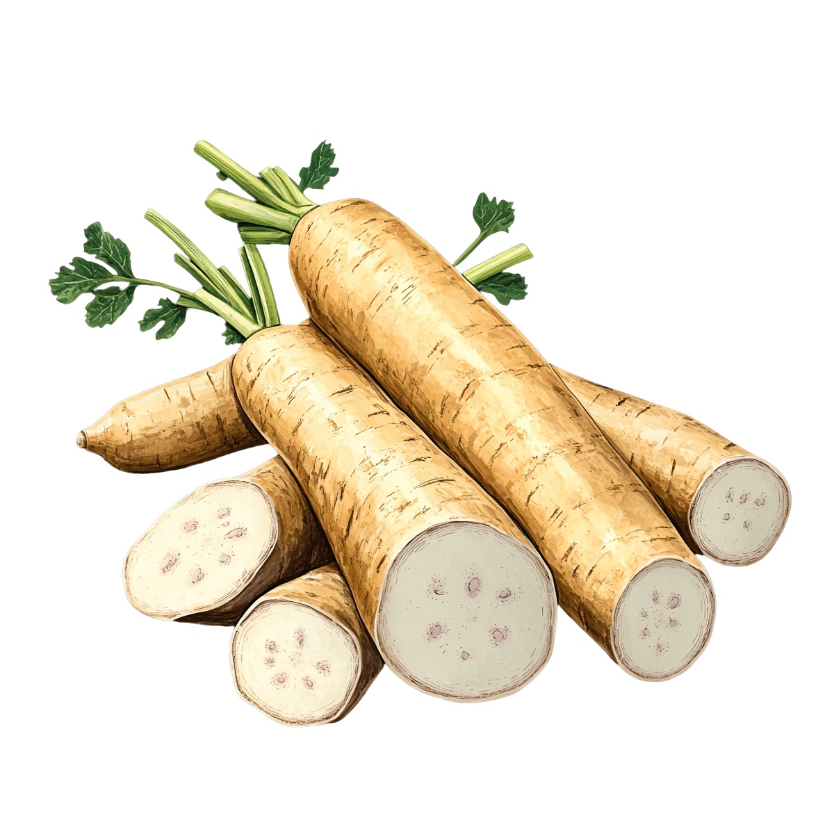 Fresh parsnips with green tops.