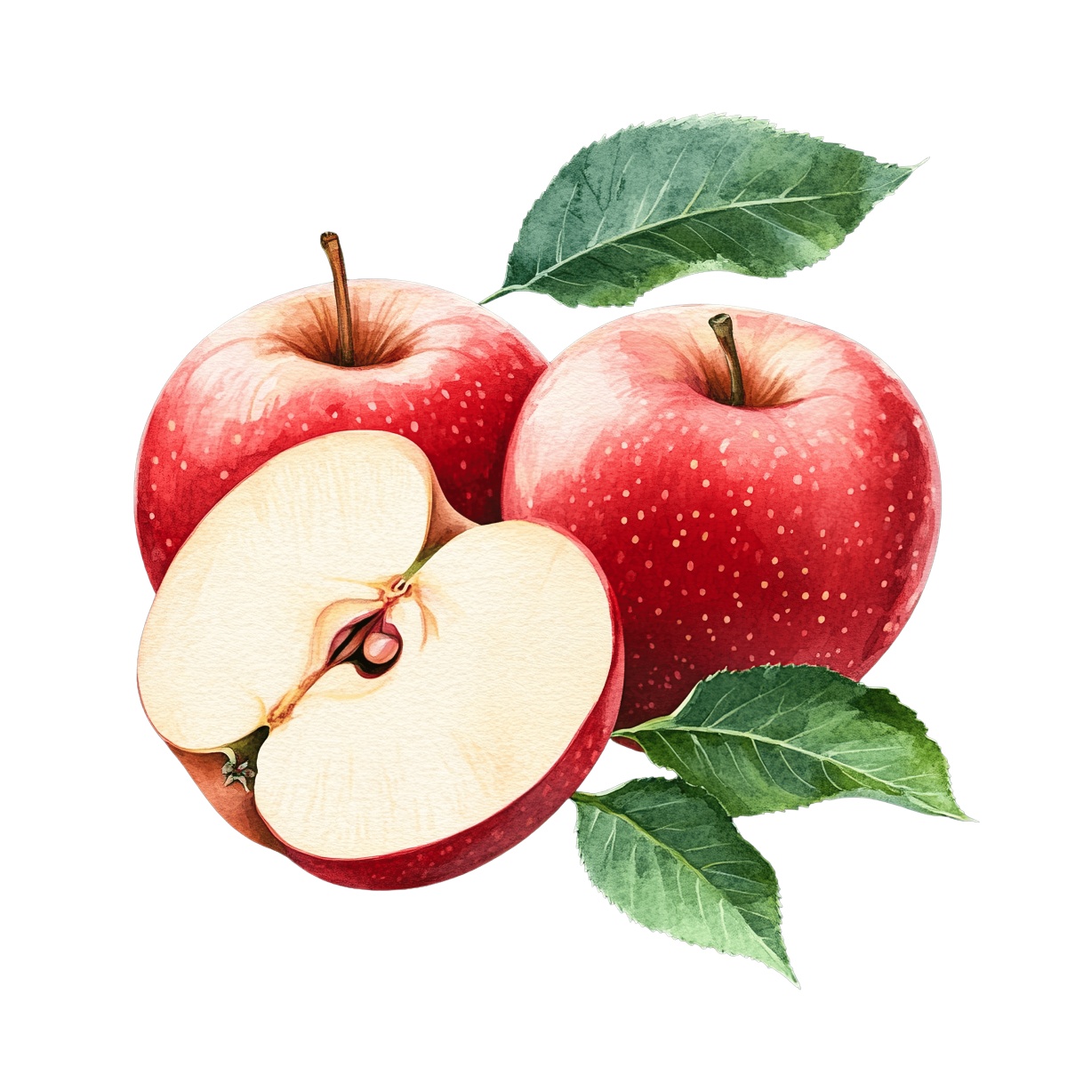 Red apples with green leaves and a sliced half.