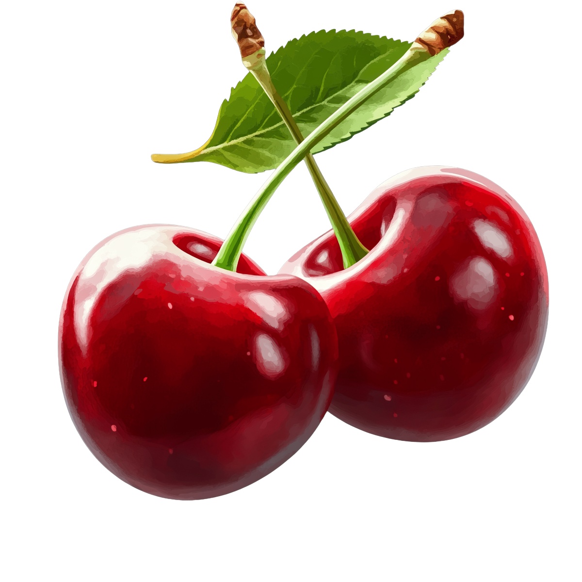 Two red cherries with a green leaf.