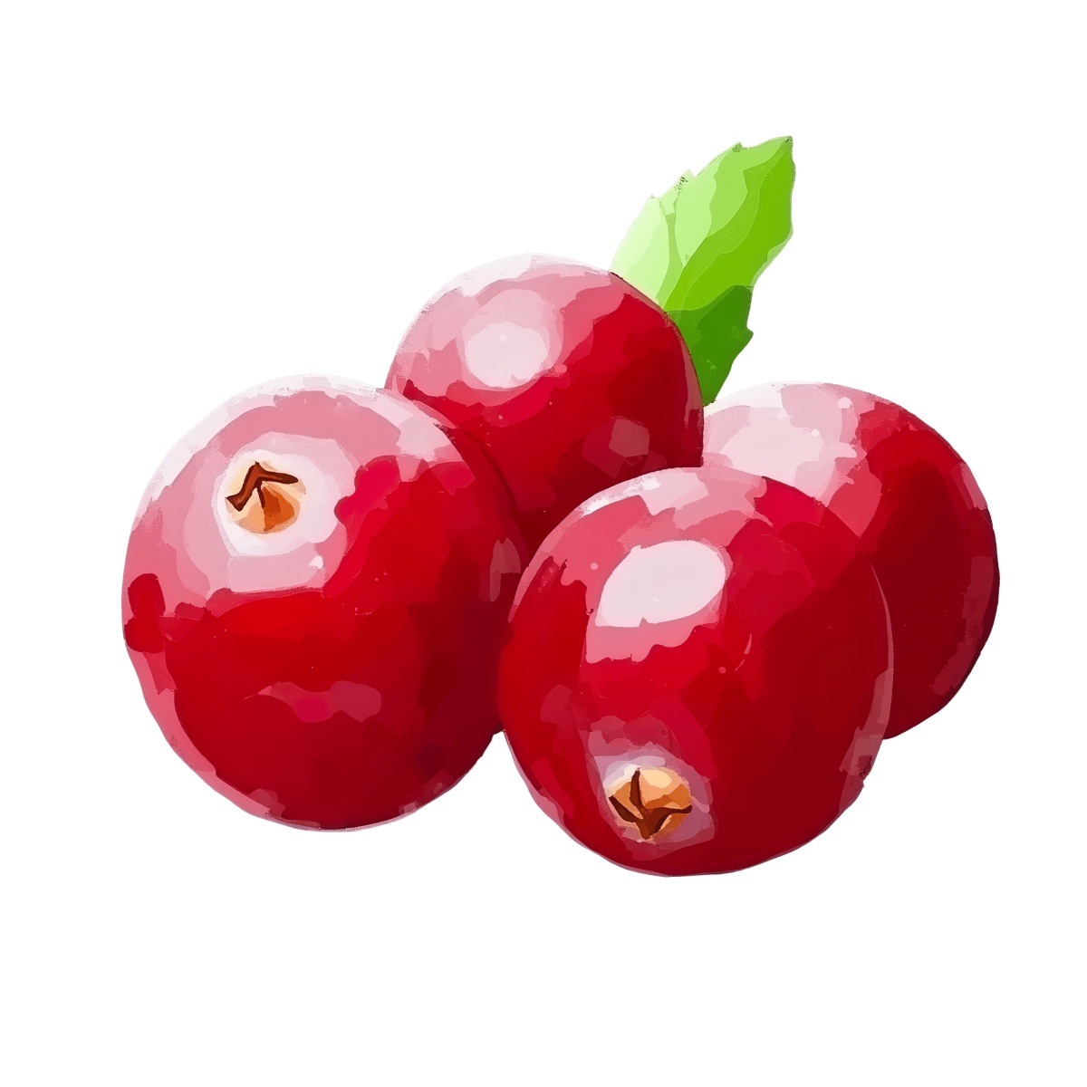 Red cranberries with a green leaf.