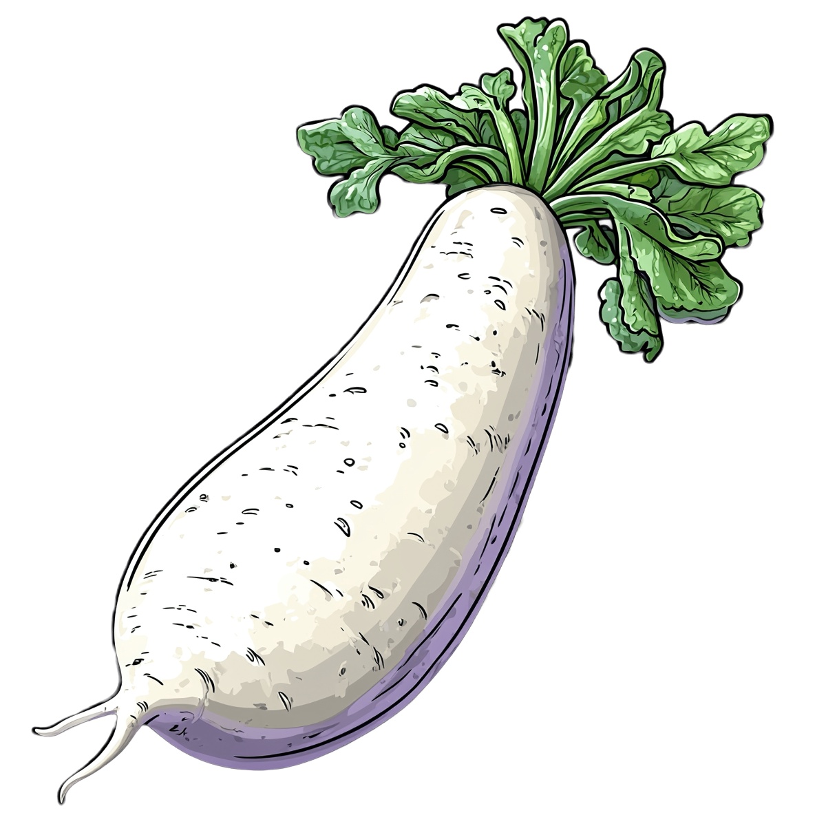 White daikon radish with green leaves.