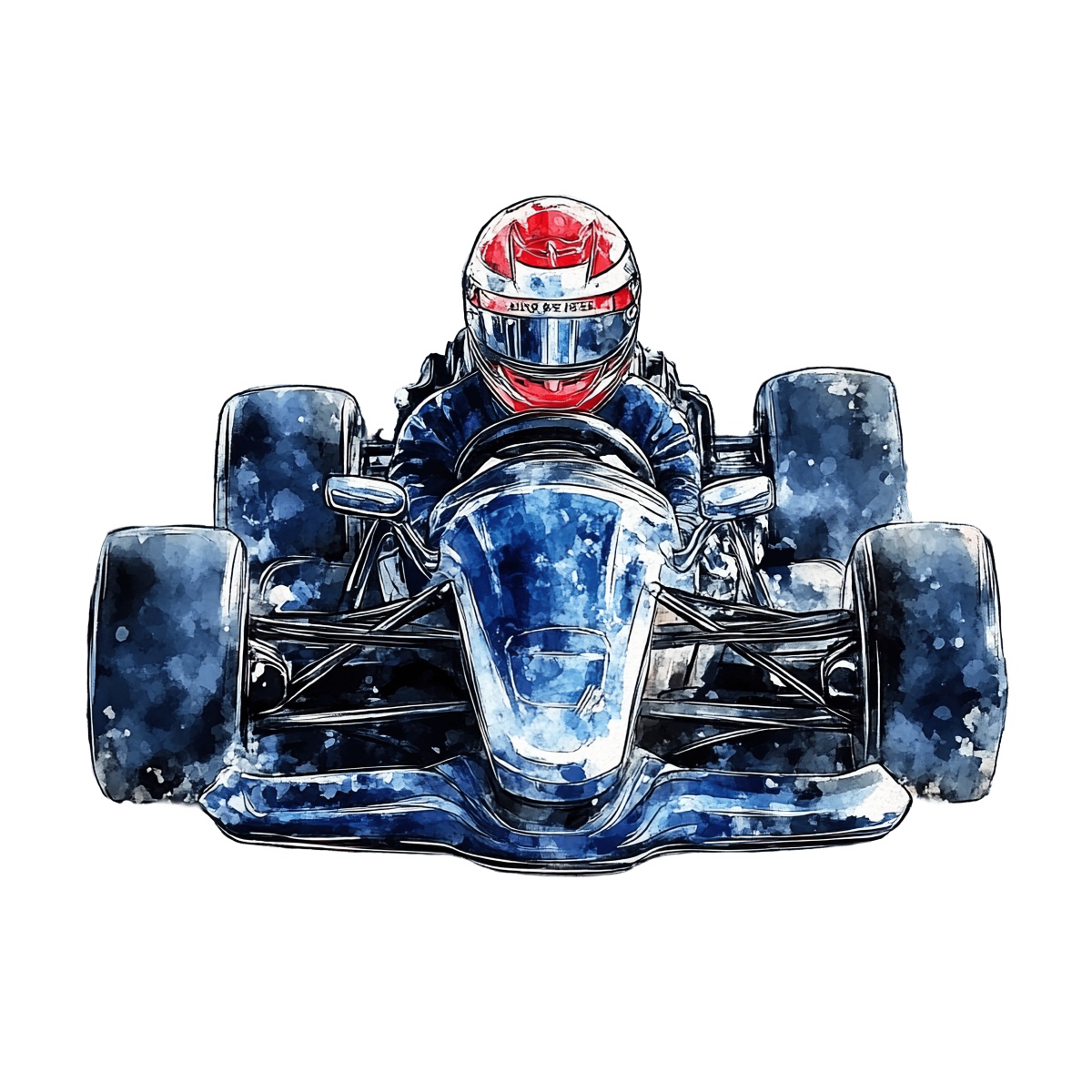 Racer in blue go-kart with red helmet on black background illustration.