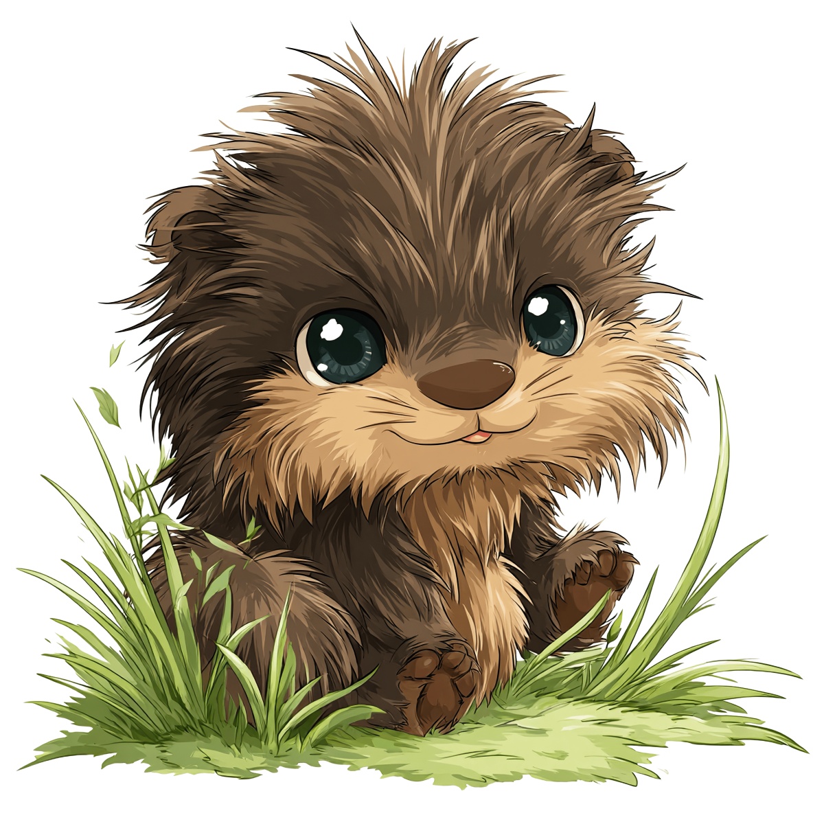 Furry brown otter sitting in grass, digital clipart illustration.
