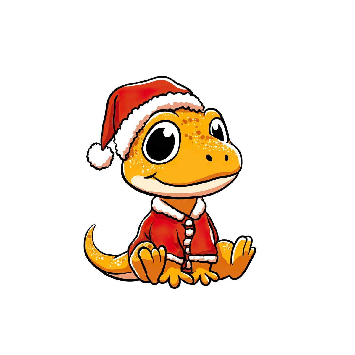 Cartoon gecko in Santa hat and red jacket sitting upright.