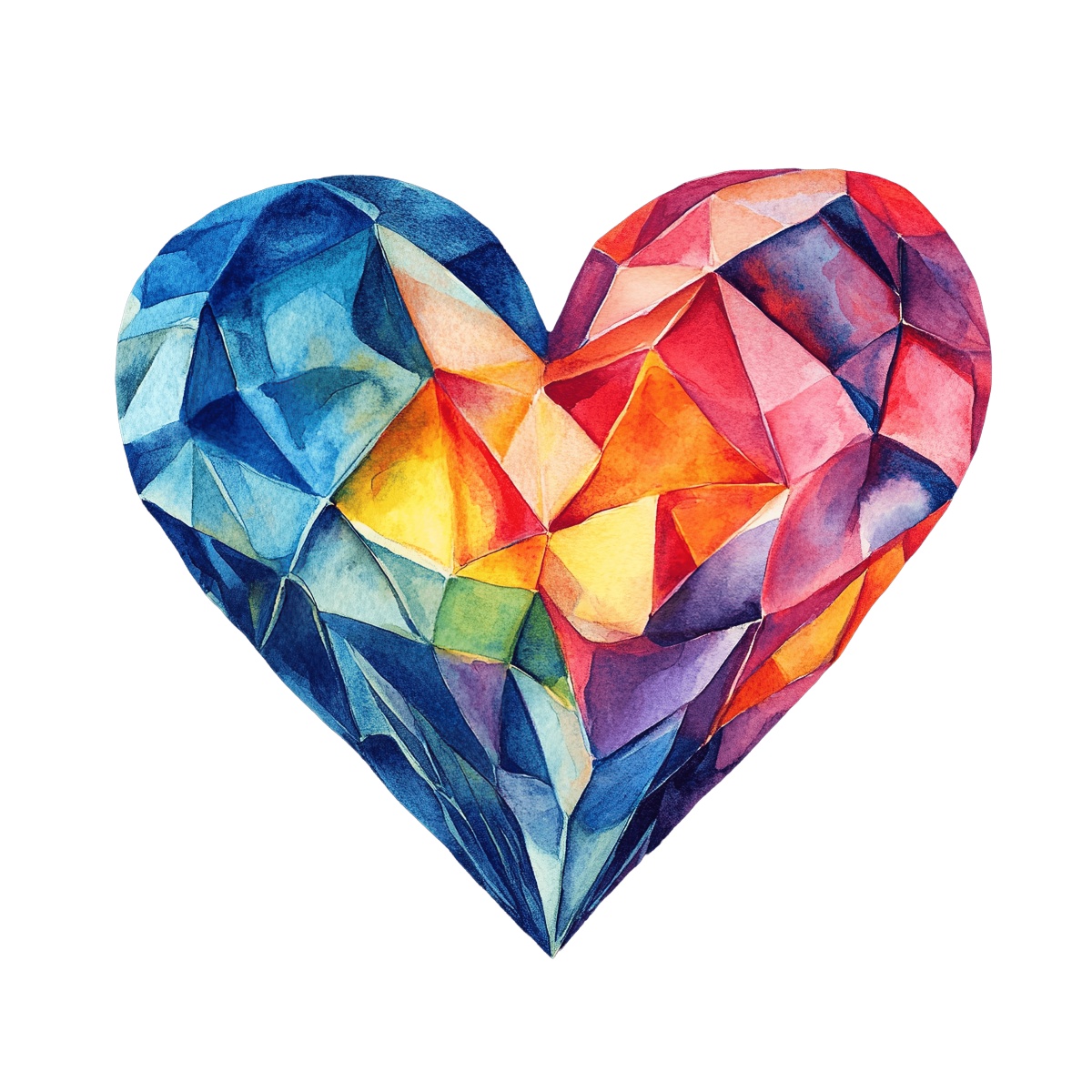 Geometric heart shaped with colorful watercolor facets on black.