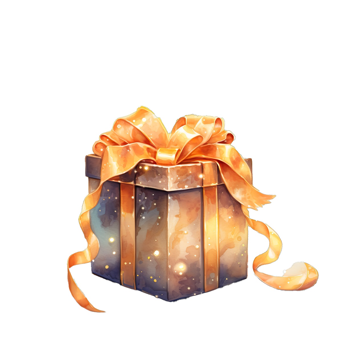 Gift box with large golden bow and sparkling detail on a plain backdrop.