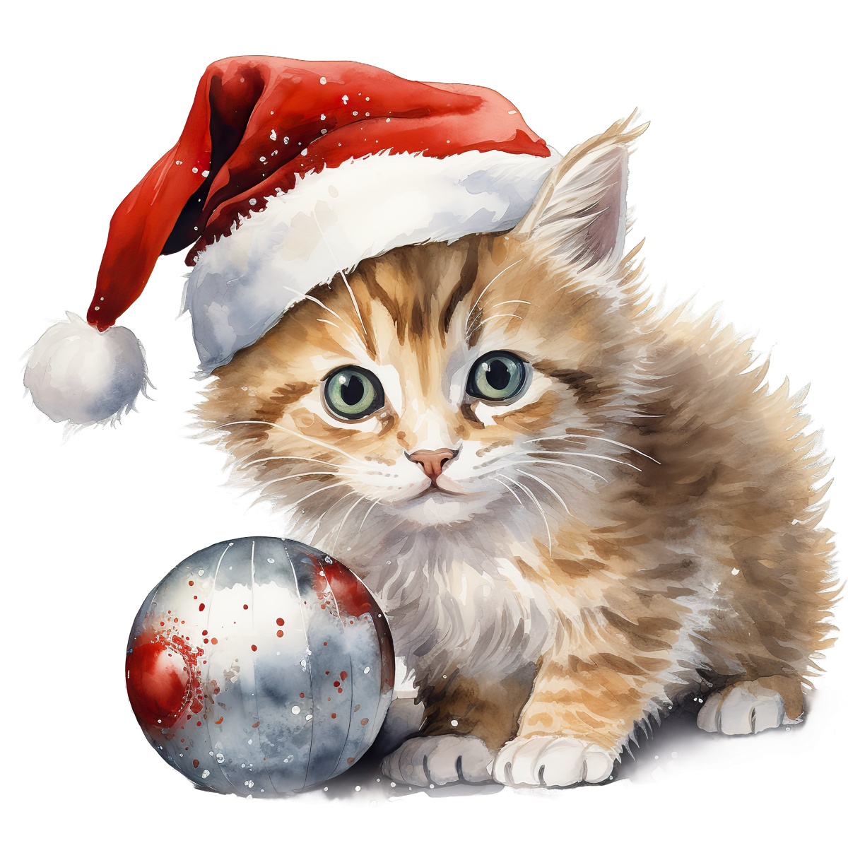 Ginger kitten wearing Santa hat beside a festive Christmas ornament.