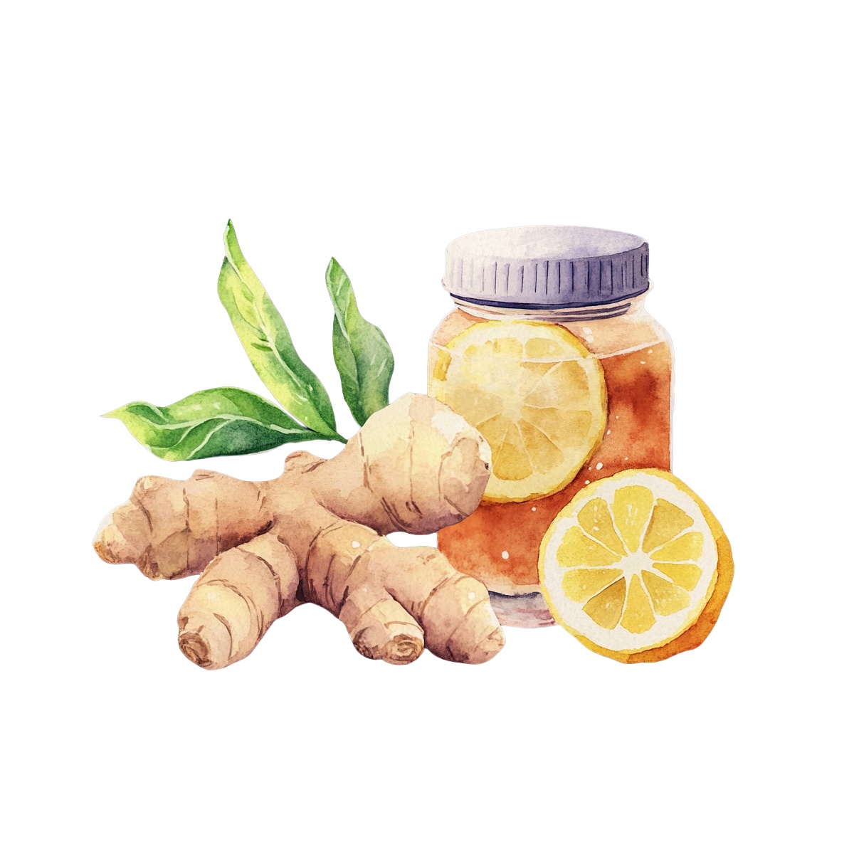 Ginger root with lemon slices and a jar of honey.