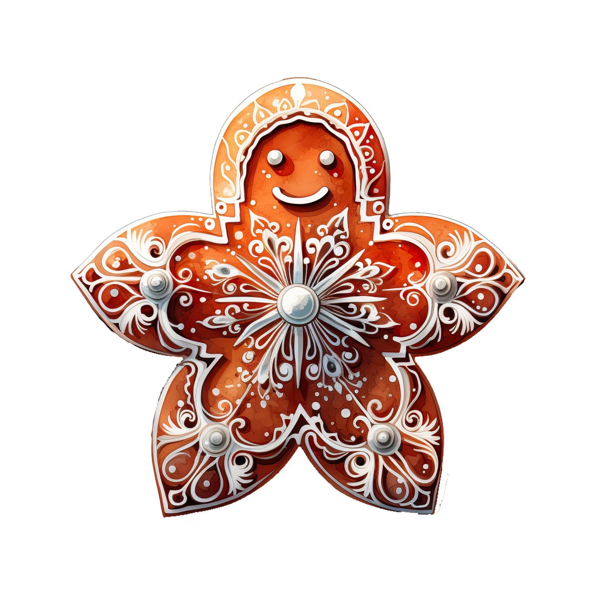 Star-shaped gingerbread cookie with detailed white icing decoration.