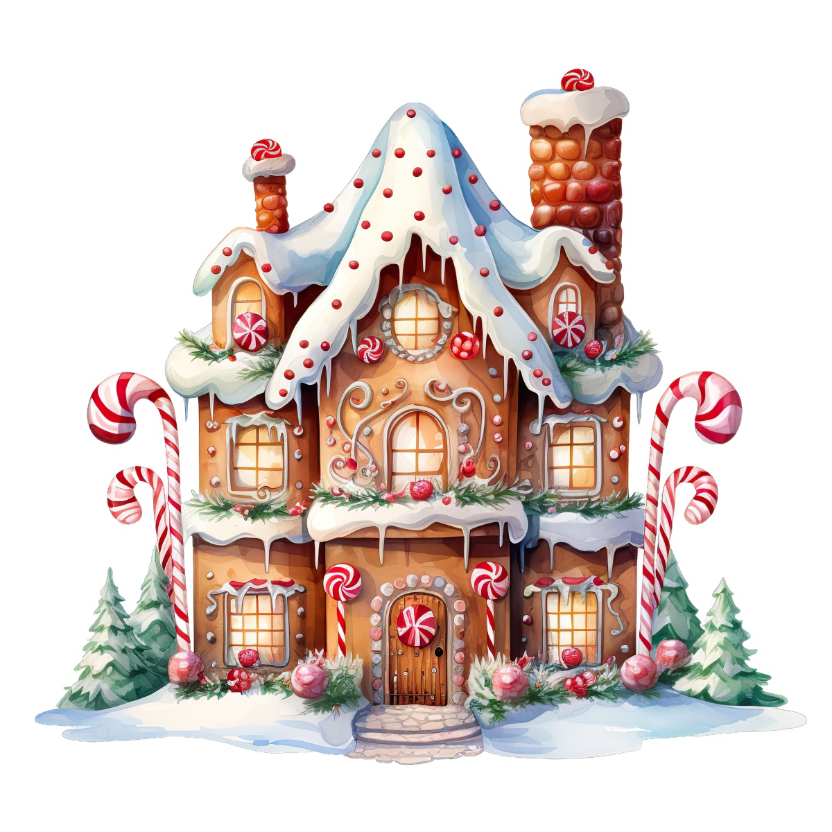 Gingerbread house adorned with snow and candy decorations for Christmas.
