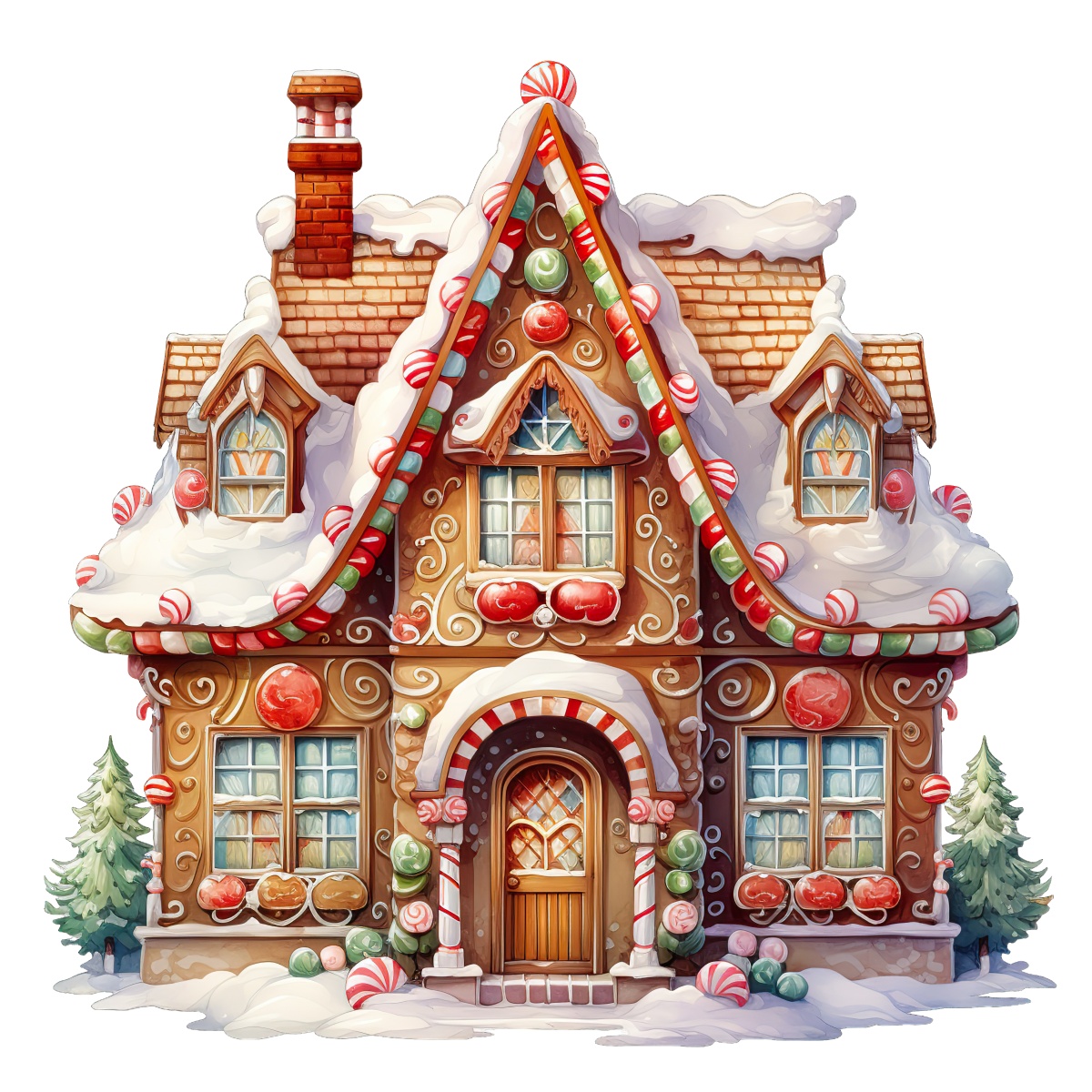Gingerbread house with candy decorations and snowy accents on the roof.