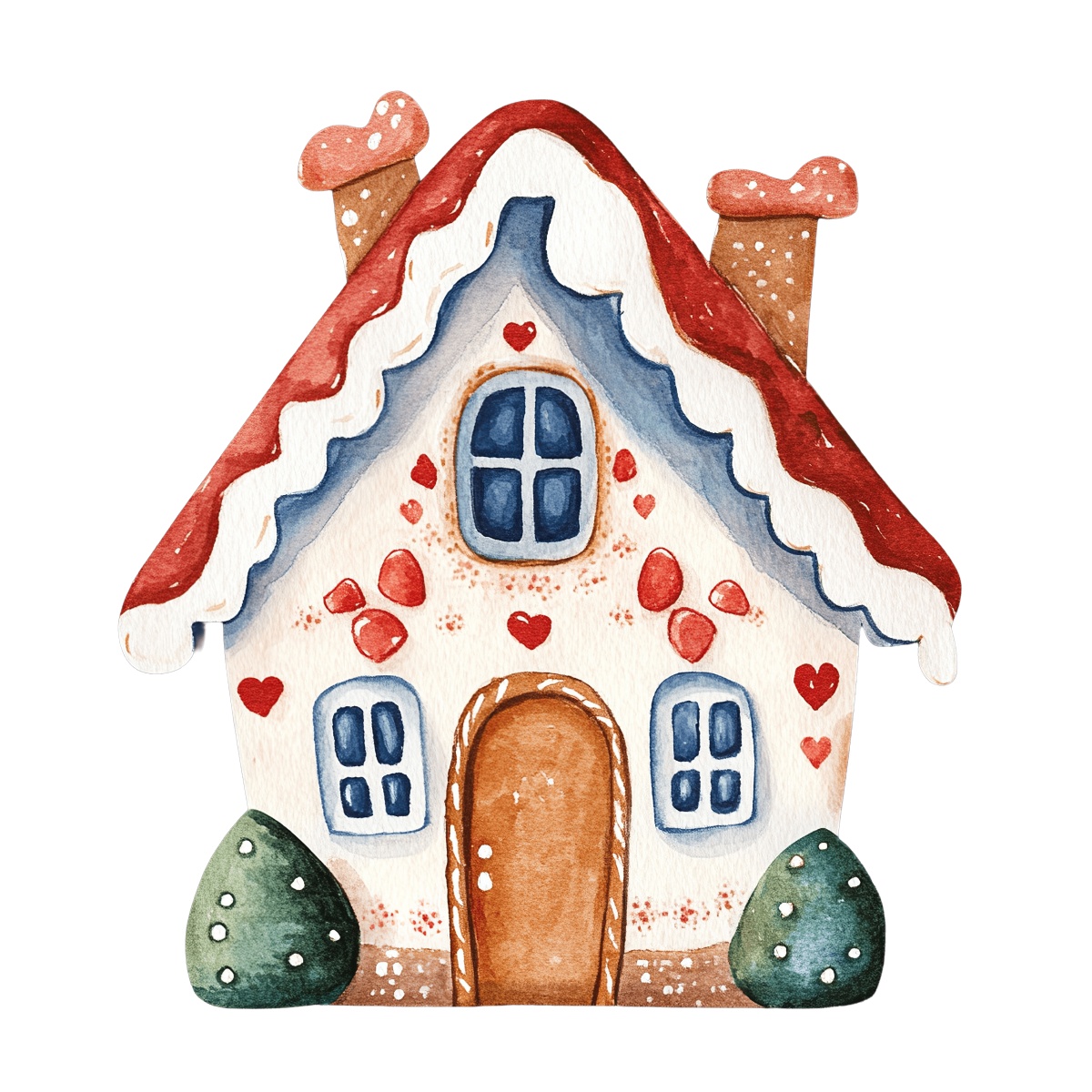 Gingerbread house clipart with red roof, blue windows, and heart decorations.