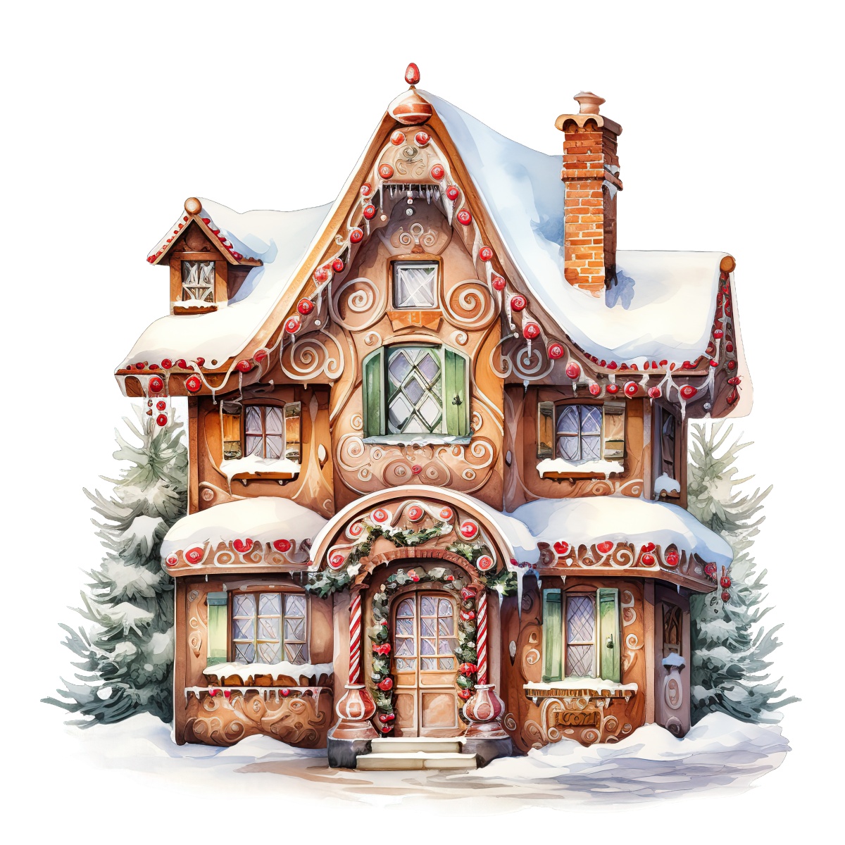 Gingerbread house with snowy roof and Christmas decorations in festive style.