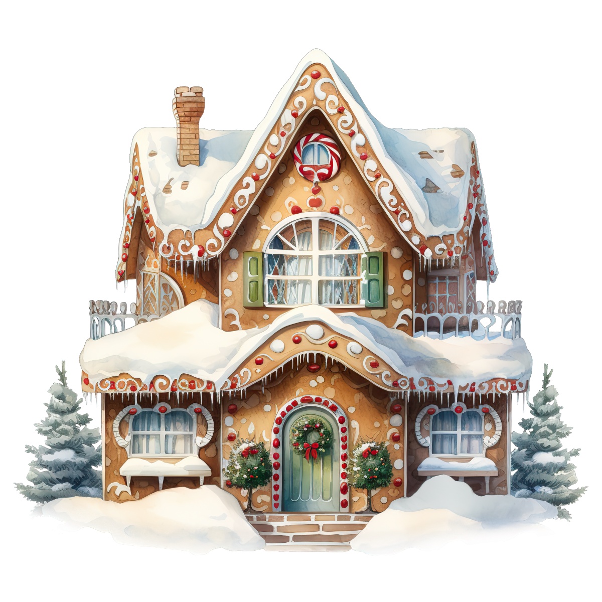 Gingerbread house covered in snow and adorned with Christmas decorations and wreaths.