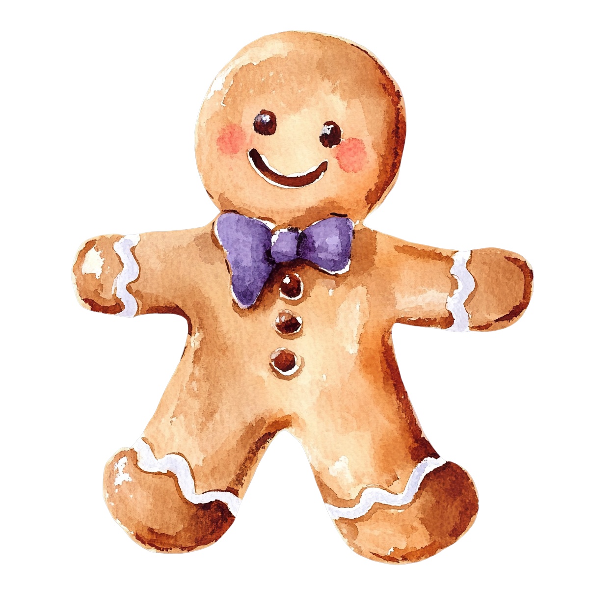 Gingerbread man with icing and a purple bow tie, festive clipart.
