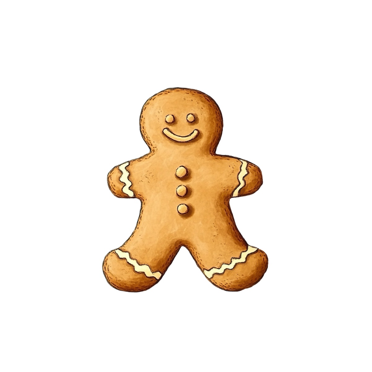 Gingerbread man cookie with icing details and a smiling face.