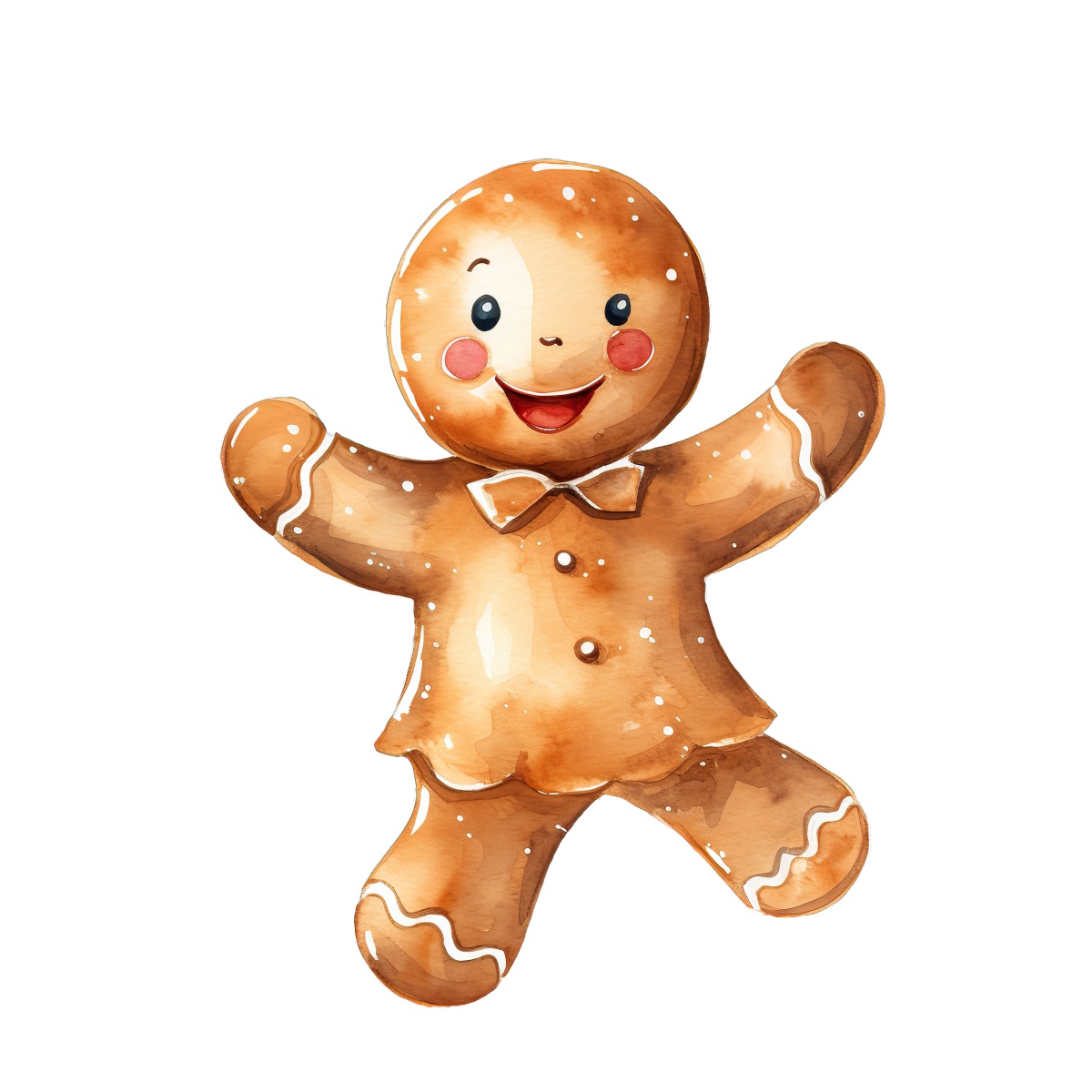 Gingerbread man cookie with icing details and a bow tie.