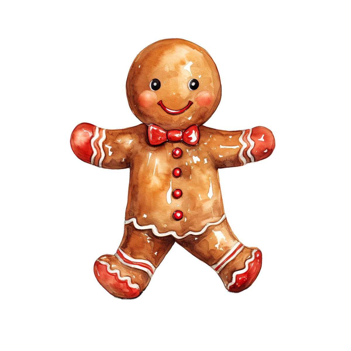 Gingerbread man cookie with a red bow tie and buttons illustration.