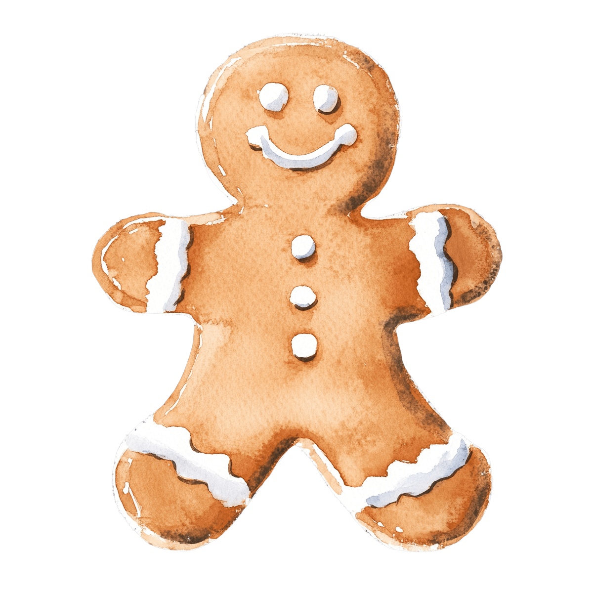 Watercolor illustration of a gingerbread man cookie with white icing detailing.