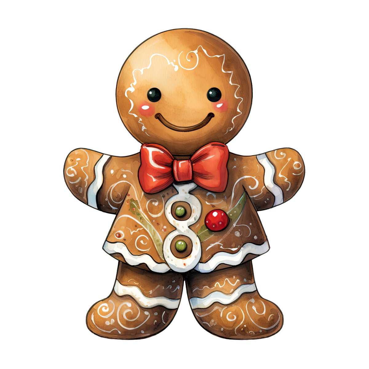 Gingerbread man cookie illustration with red bow and buttons for holiday decor.