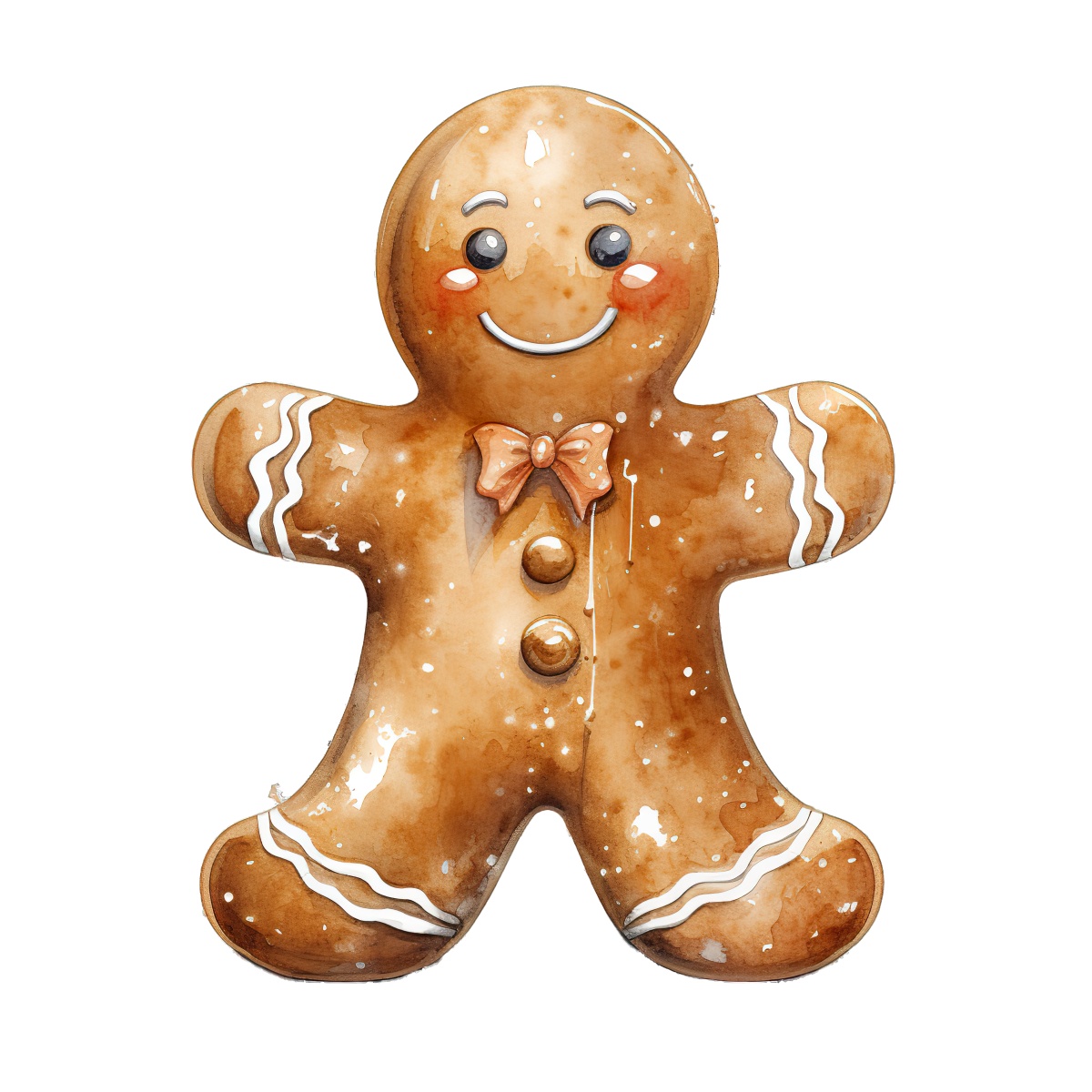 Gingerbread man cookie with icing and bow tie on a transparent background.